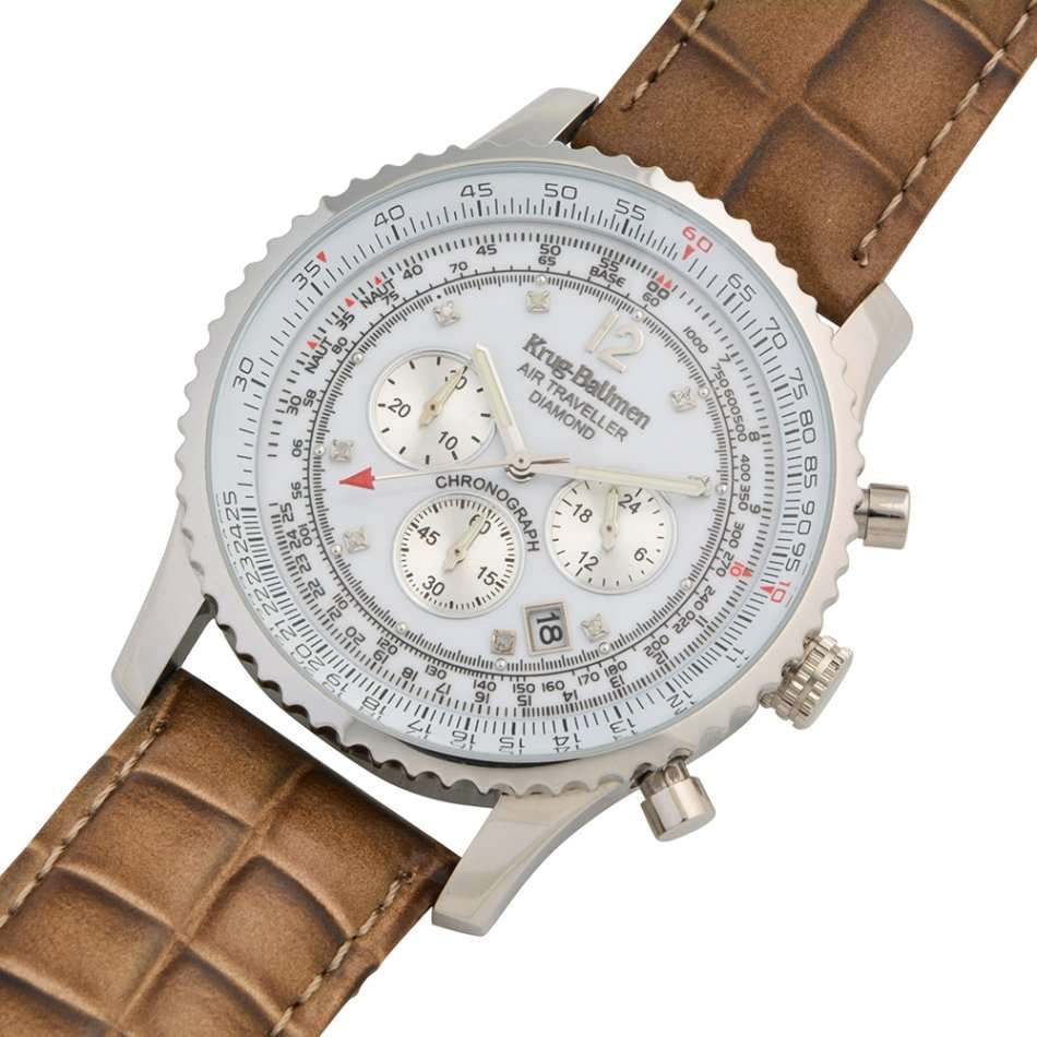 Retail: R17,125.21 Krug Baümen Air Traveller XXL 46mm 8 REAL Diamond White Dial Brown Strap Watch