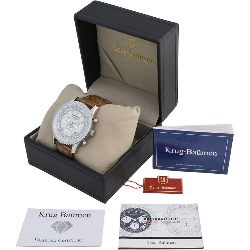 Retail: R17,125.21 Krug Baümen Air Traveller XXL 46mm 8 REAL Diamond White Dial Brown Strap Watch