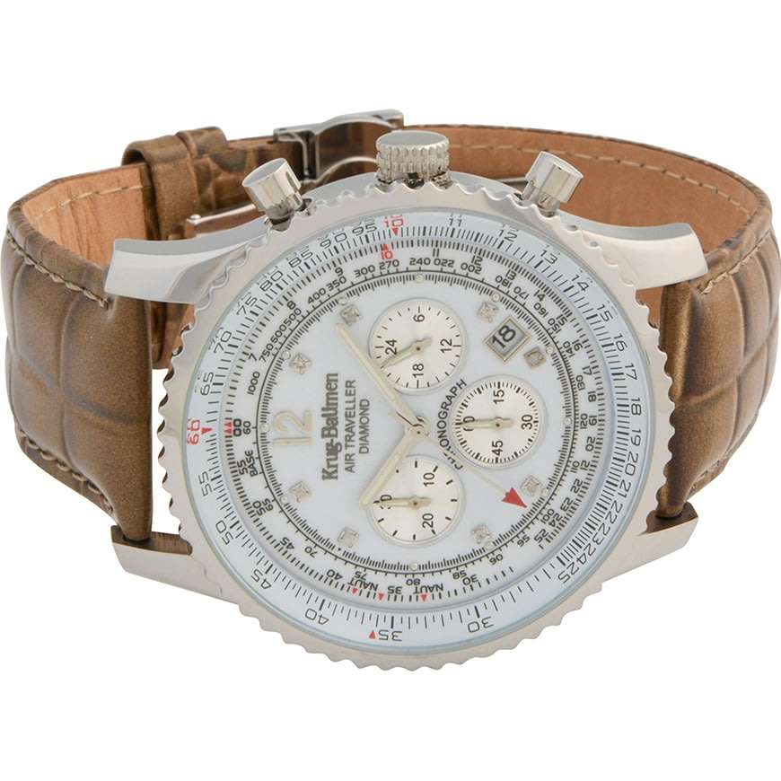 Retail: R17,125.21 Krug Baümen Air Traveller XXL 46mm 8 REAL Diamond White Dial Brown Strap Watch