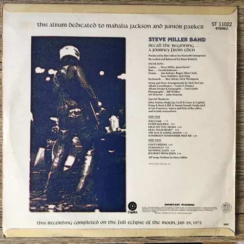 Steve Miller Band - Recall the Beginning...a Journey From Eden LP/Album (1972 SA press) VG/VG