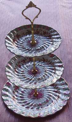 A  NICE  BIG 3 TIER PORCELAIN CAKE PLATE  WITH HANDEL