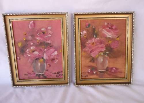 2 X LOVELY ORIGINAL ELLEN STEYN OIL ON BOARD PAINTINGS ROSES IN A VASE