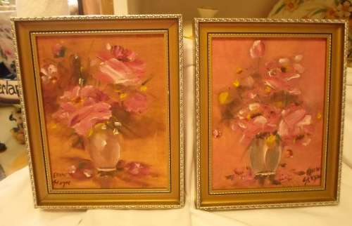 2 X LOVELY ORIGINAL ELLEN STEYN OIL ON BOARD PAINTINGS ROSES IN A VASE