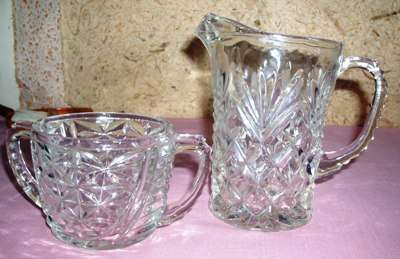 DECORATED GLASS MILK JUG AND SUGAR POT