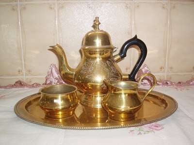 SET OF 4 BEAUTIFUL DECRATIVE BRASS KETTEL MILK JUG SUGAR BASIN + TRAY