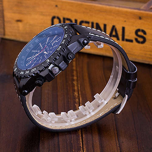 Mens Cool & Heavy  WEITE  Military Style Black Leather Band Watch