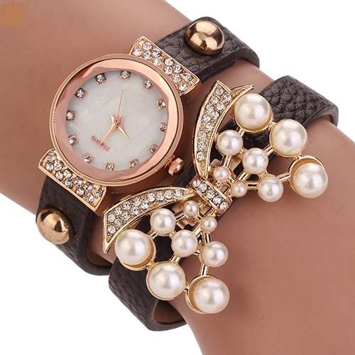 Ladies Smart Pearl Bow Leather Band Watch