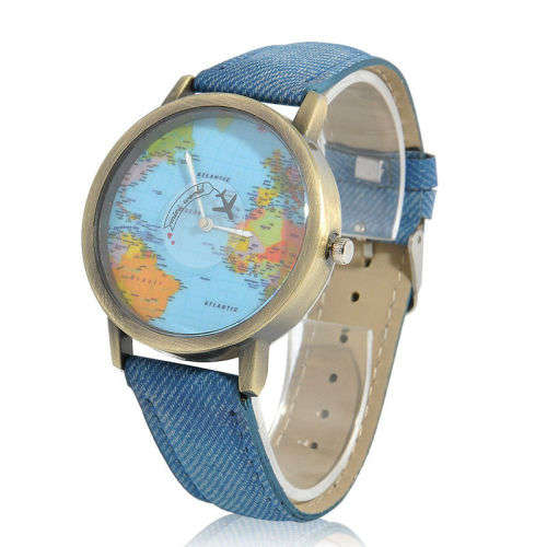 Ladies Fun  " Map of the World "  Denim Band Watch