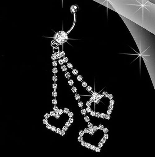 Sexy 3 Heart Rhinestone Bar Bell Navel Ring