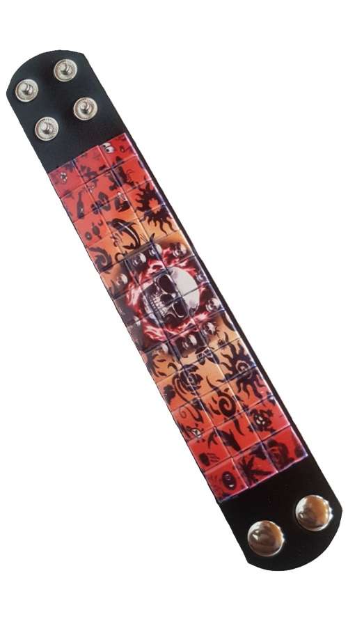 Cool Goth Leather  ` FLAMING SKULL `  Wristband