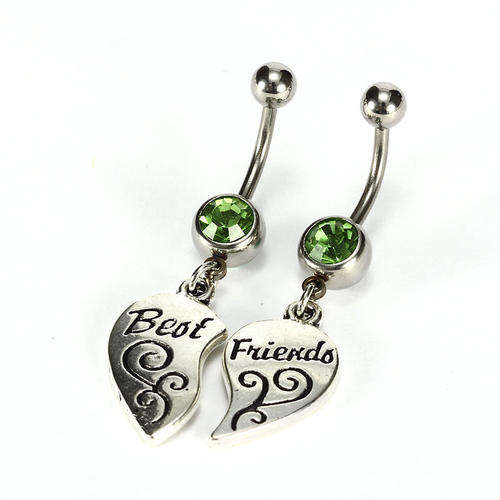 Stunning Best Friends Heart Shaped Bar Bell Navel Ring Set with Rhinestone