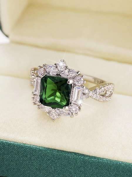 Stunning  Green Emerald & Rhinestone Silver Filled Ring