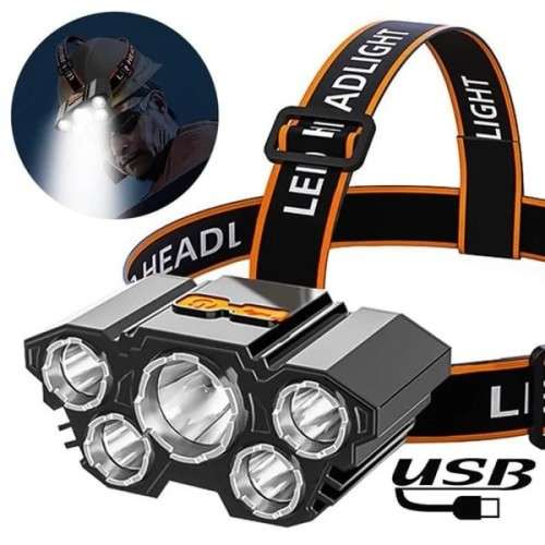 USB Rechargeable Super Bright & Powerful LED Waterproof 5 LED Indoor / Outdoor Headlamp