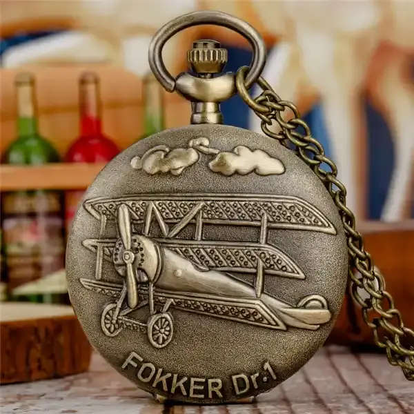 Cool  Fokker Dr-1  Vintage Design World War 1 Aviator Plane Replica Pocket Watch