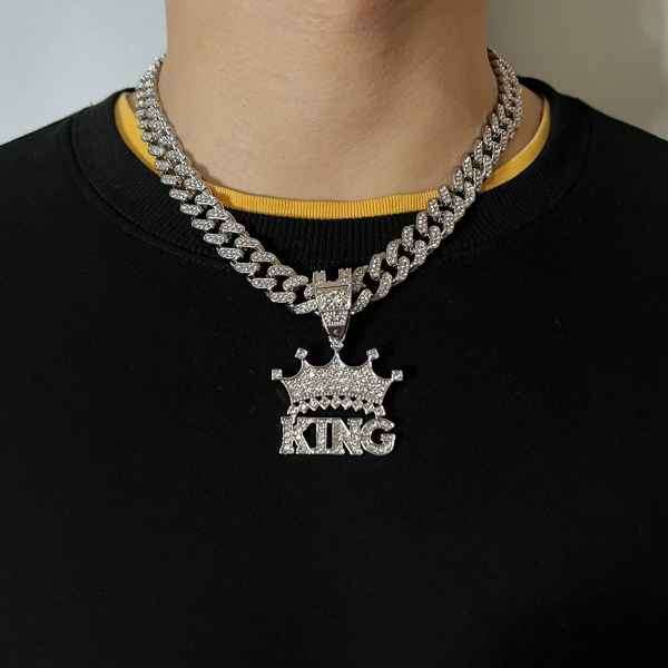 Mens Stunning Iced Out Stainless Steel KINGS CROWN Cuban Linked Pendant Neck Chain