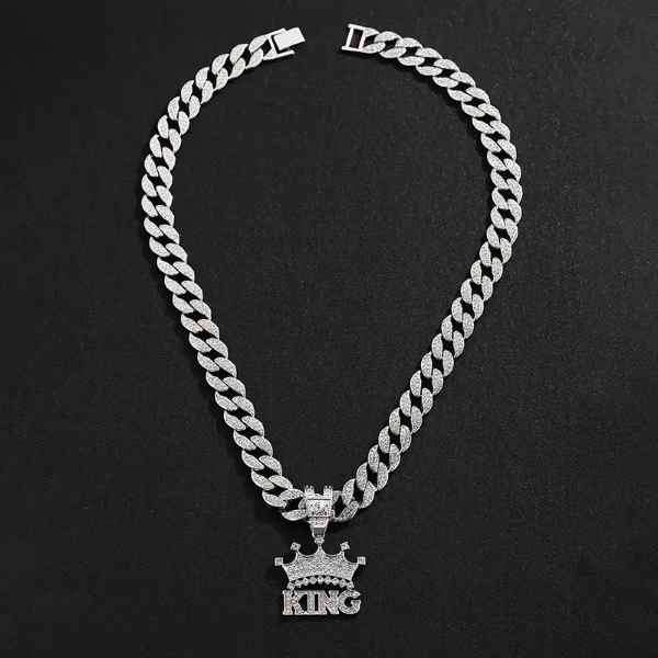 Mens Stunning Iced Out Stainless Steel KINGS CROWN Cuban Linked Pendant Neck Chain