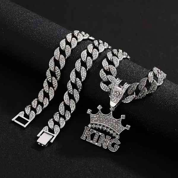 Mens Stunning Iced Out Stainless Steel KINGS CROWN Cuban Linked Pendant Neck Chain