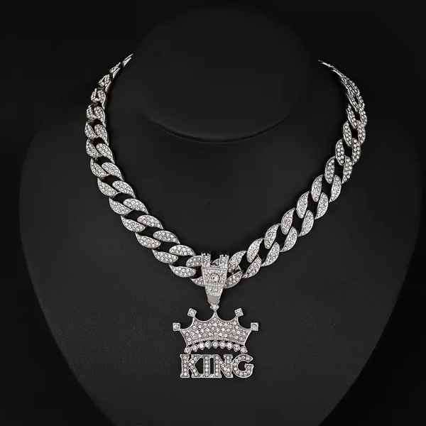 Mens Stunning Iced Out Stainless Steel KINGS CROWN Cuban Linked Pendant Neck Chain