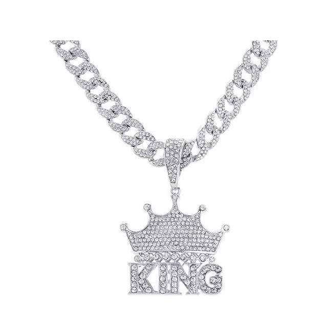 Mens Stunning Iced Out Stainless Steel KINGS CROWN Cuban Linked Pendant Neck Chain