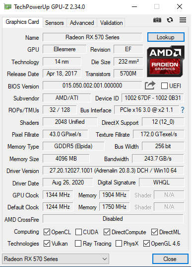 AMD Radeon RX570 4GB 256bit DDR5