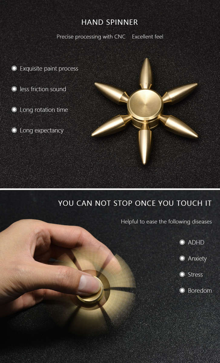 Fidget Spinner Brass Metal Bullet 6 Sided Arm Leaf Point Gold Silver Hand Finger Spinner - 3 Minutes