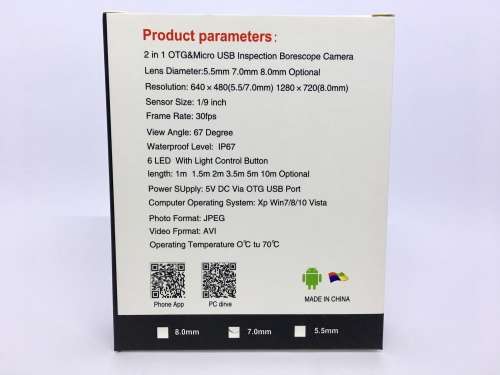 2 in 1 in Endoscope Borescope Inspection Camera Micro USB Android and PC 6 LED 7mm 2m, 3.5m, 5m