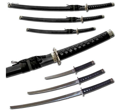 Classic Japanese Black Ninja Samurai Katana Three 3 Piece Steel Metal Sword Set and Stand - Black