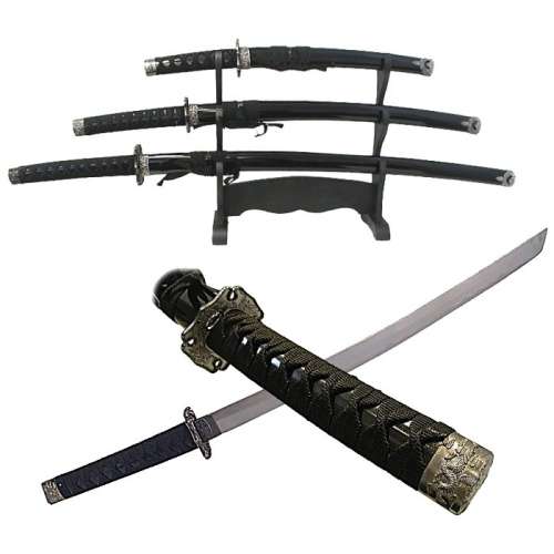 Classic Japanese Black Ninja Samurai Katana Three 3 Piece Steel Metal Sword Set and Stand - Black