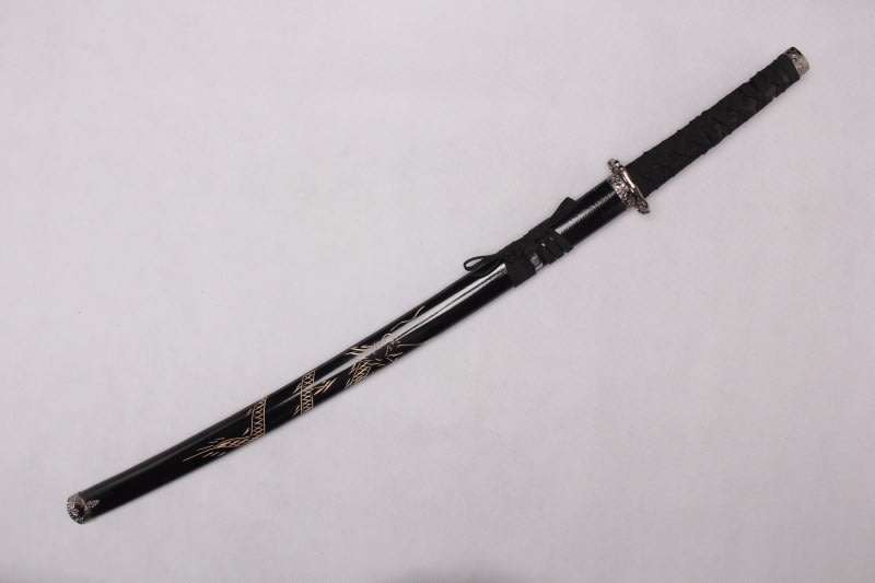 Japanese Samurai Katana Simulation Sword and Stand - Black Dragon Engraved