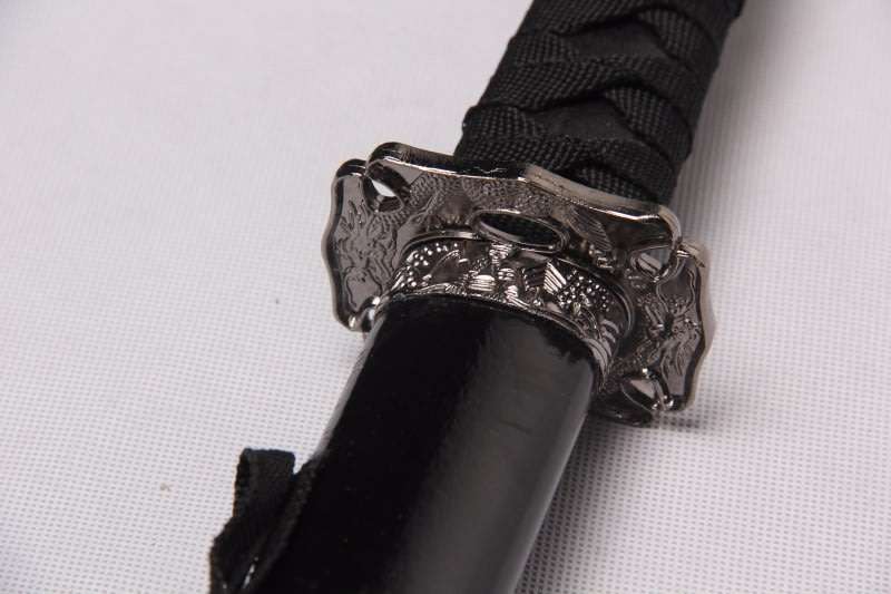 Japanese Samurai Katana Simulation Sword and Stand - Black Dragon Engraved
