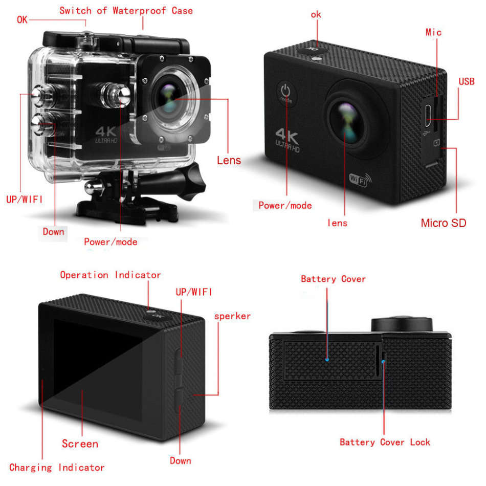 Ultra HD 4K Sport Action Waterproof Camera WIFI GoPro Style Dash Cam Camera with Accessories Kit