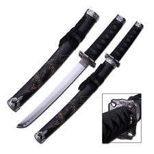 Japanese Ninja Samurai Katana Sword 3 Piece Steel Metal Sword Set with Stand - Black Dragon Engraved