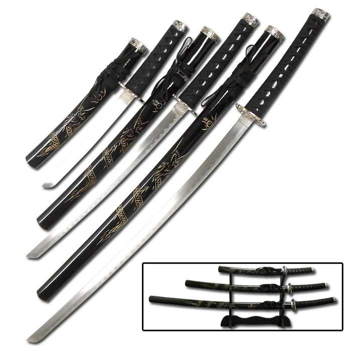 Japanese Ninja Samurai Katana Sword 3 Piece Steel Metal Sword Set with Stand - Black Dragon Engraved