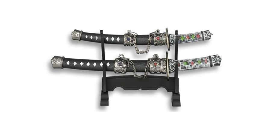 Classic Mini Japanese SAMURAI NINJA SABRE Katana Steel Metal Sword Set with Stand - Black