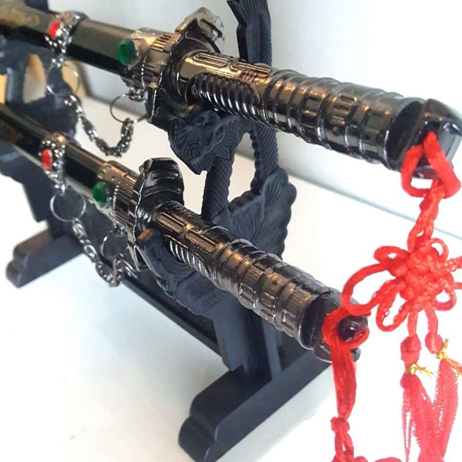 Classic Mini Sacred Chinese SAMURAI NINJA Steel Metal Sword Set with Stand - Black