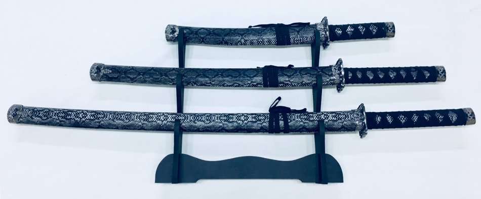 Japanese Grey Snakeskin Ninja Samurai Katana 3 Piece Steel Metal Sword Set and Stand - Snake Skin