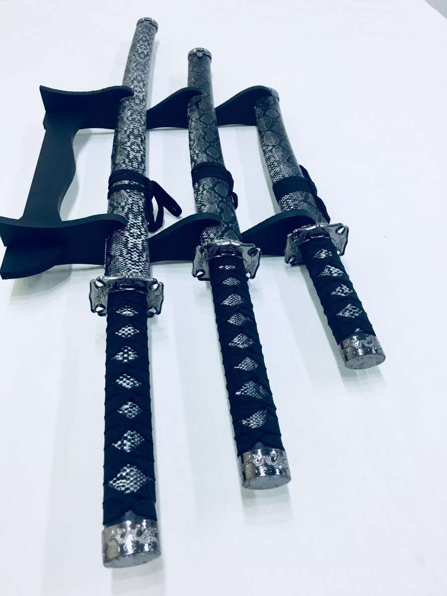 Japanese Grey Snakeskin Ninja Samurai Katana 3 Piece Steel Metal Sword Set and Stand - Snake Skin