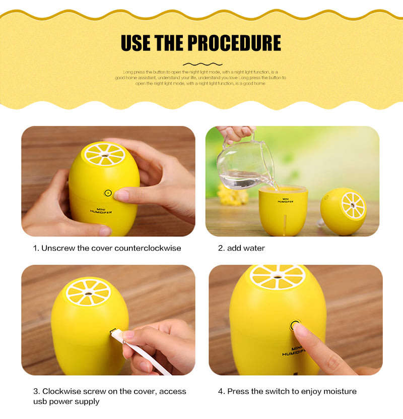 USB Portable Household Car Home Yellow Lemon Lamp Humidifier Aromatherapy Steam Diffuser Mist