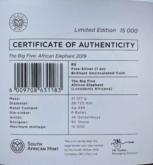 *** The Big Five `Elephant` R5 1 oz Silver Coin. Limited Mintage of 15,000. ***