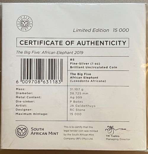 *** The Big Five `Elephant` R5 1 oz Silver Coin. Limited Mintage of 15,000. ***