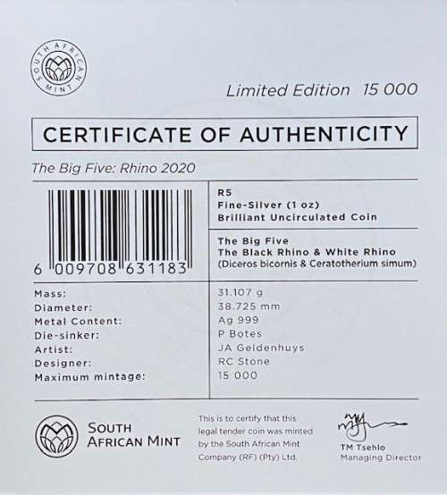 *** The Big Five `Rhino` R5 1 oz Silver Coin. Limited Mintage of 15,000. ***