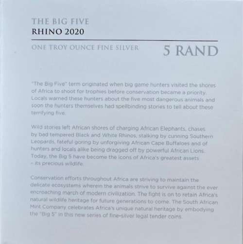 *** The Big Five `Rhino` R5 1 oz Silver Coin. Limited Mintage of 15,000. ***