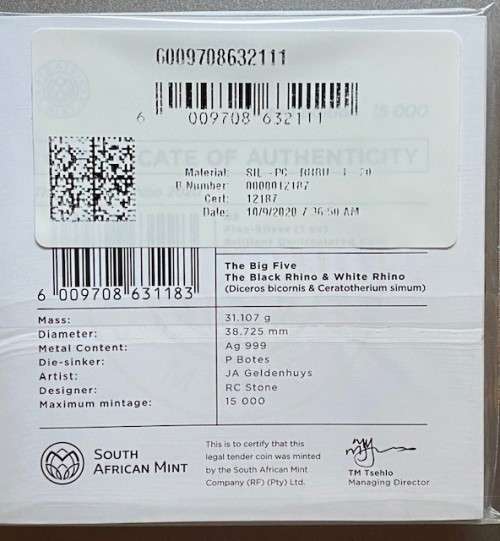 *** The Big Five `Rhino` R5 1 oz Silver Coin. Limited Mintage of 15,000. ***