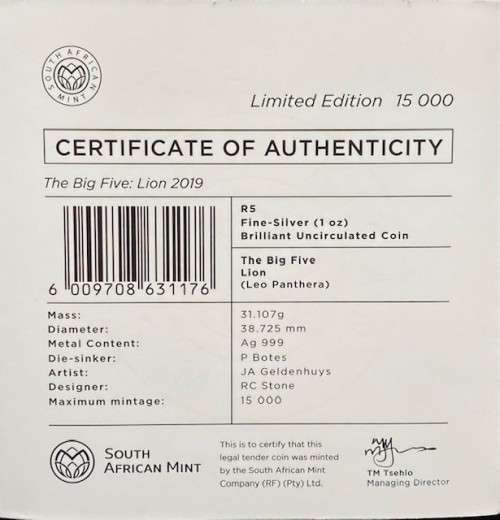 *** The Big Five `Lion` 2019 R5 -1 oz Silver Coin. Limited Mintage of only 15,000 ***