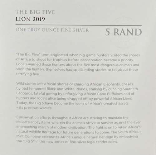 *** The Big Five `Lion` 2019 R5 -1 oz Silver Coin. Limited Mintage of only 15,000 ***
