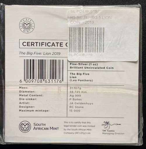 *** The Big Five `Lion` 2019 R5 -1 oz Silver Coin. Limited Mintage of only 15,000 ***