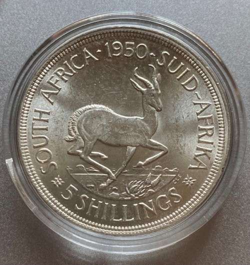 1950 Union of South Africa Silver 5 Shilling. Mintage only 84,454. Encapsulated. Weight is 28.28g