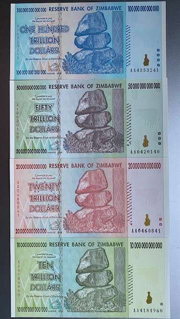 ZIMBABWE TRILLION DOLLAR UNC NOTES SET - $10, $20, $50 and $100 Trillion notes.