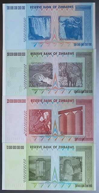 ZIMBABWE TRILLION DOLLAR UNC NOTES SET - $10, $20, $50 and $100 Trillion notes.