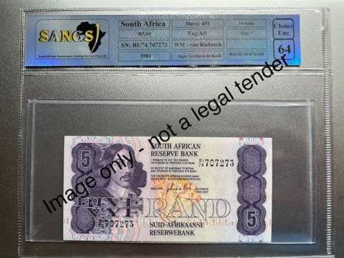 R5 RSA NOTE - `B1` VERY RARE - no security strip. Catalogue Value R1500 per note. SANGS Graded UNC64